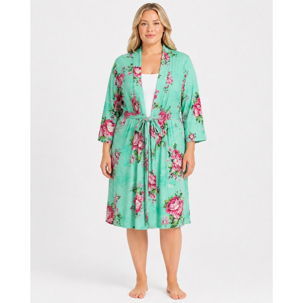 Posh Peanut Robe Womens XL Green Floral Milk Silk Belted Knee Length Cottage